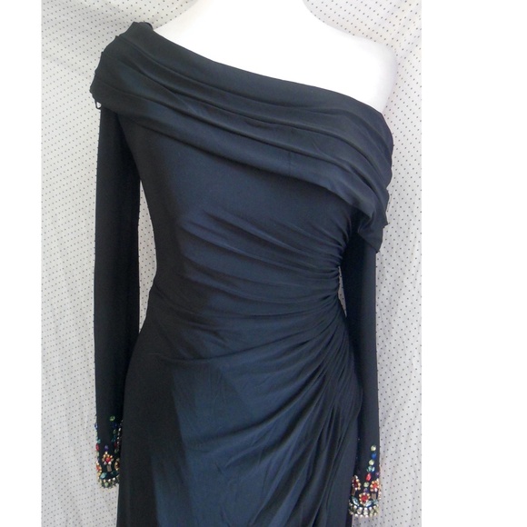 NEW Mac Duggal Black OFF THE SHOULDER Jersey JEWEL CUFFS Ruched HIGH SLIT GOWN 2 - Picture 6 of 14